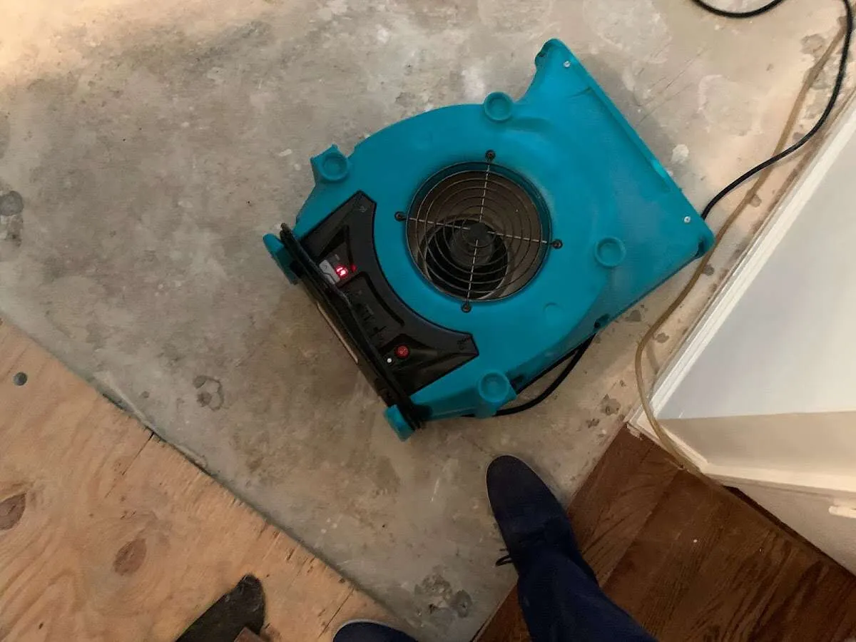Air mover drying subfloor during Commercial Water Damage Restoration in East Aurora